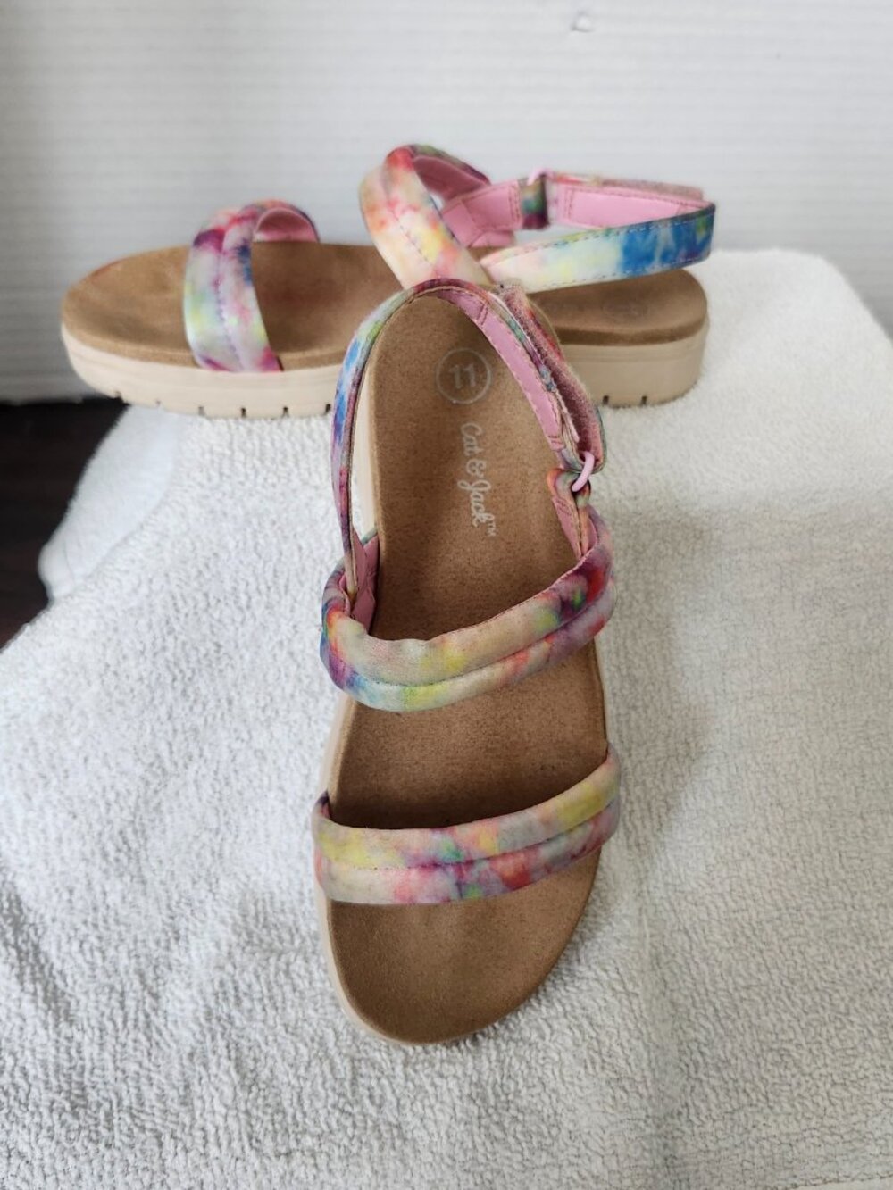 CAT@JACK Girl's Pink, Blue and yellow Tie Dye Sandals, size 11.
